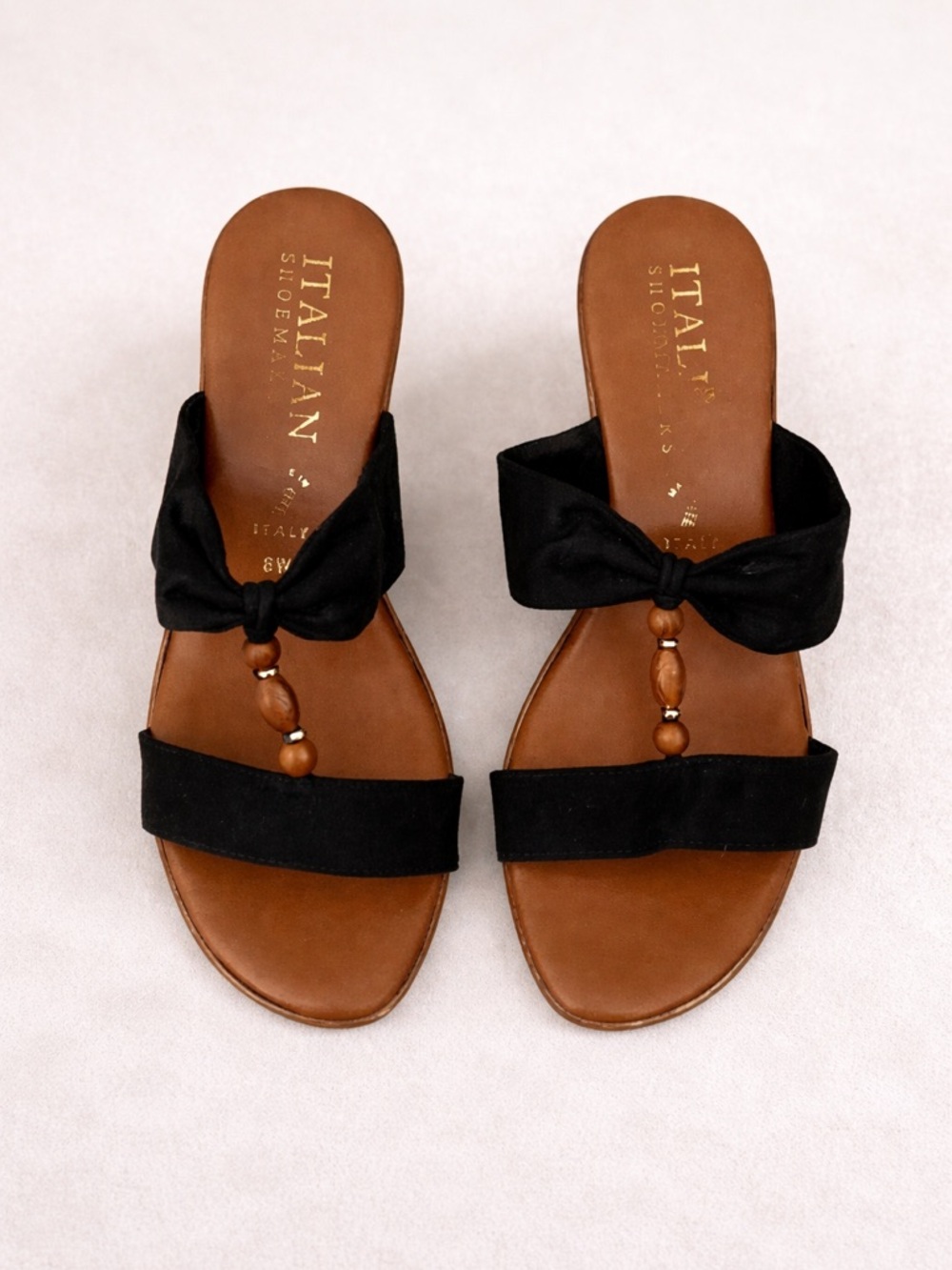 Italian Shoemakers Black & Brown Bead Bow Slide Sandals